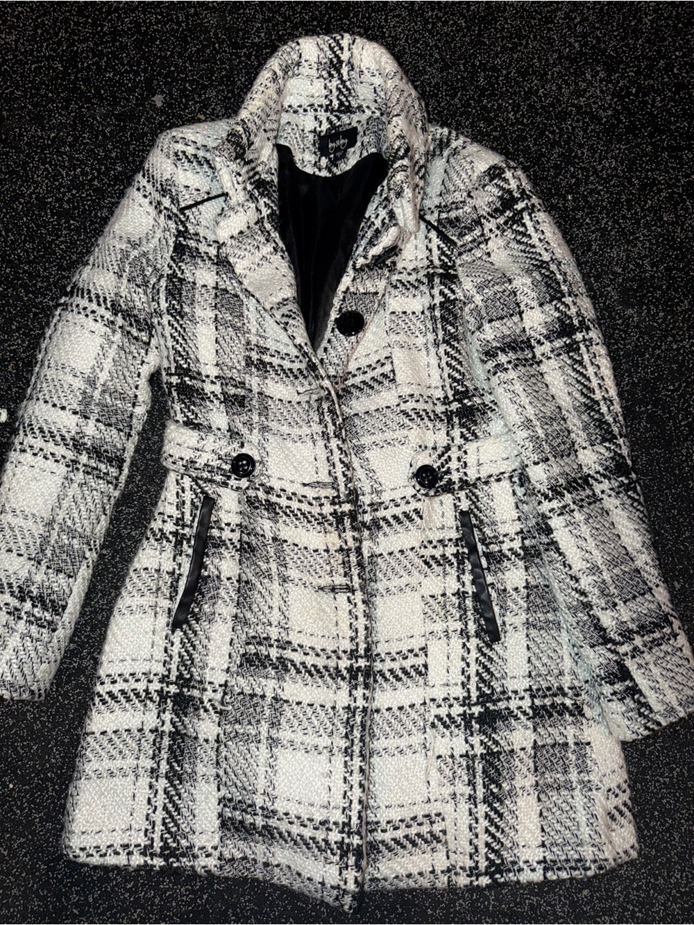 by & by Black and White Plaid Pea Coat